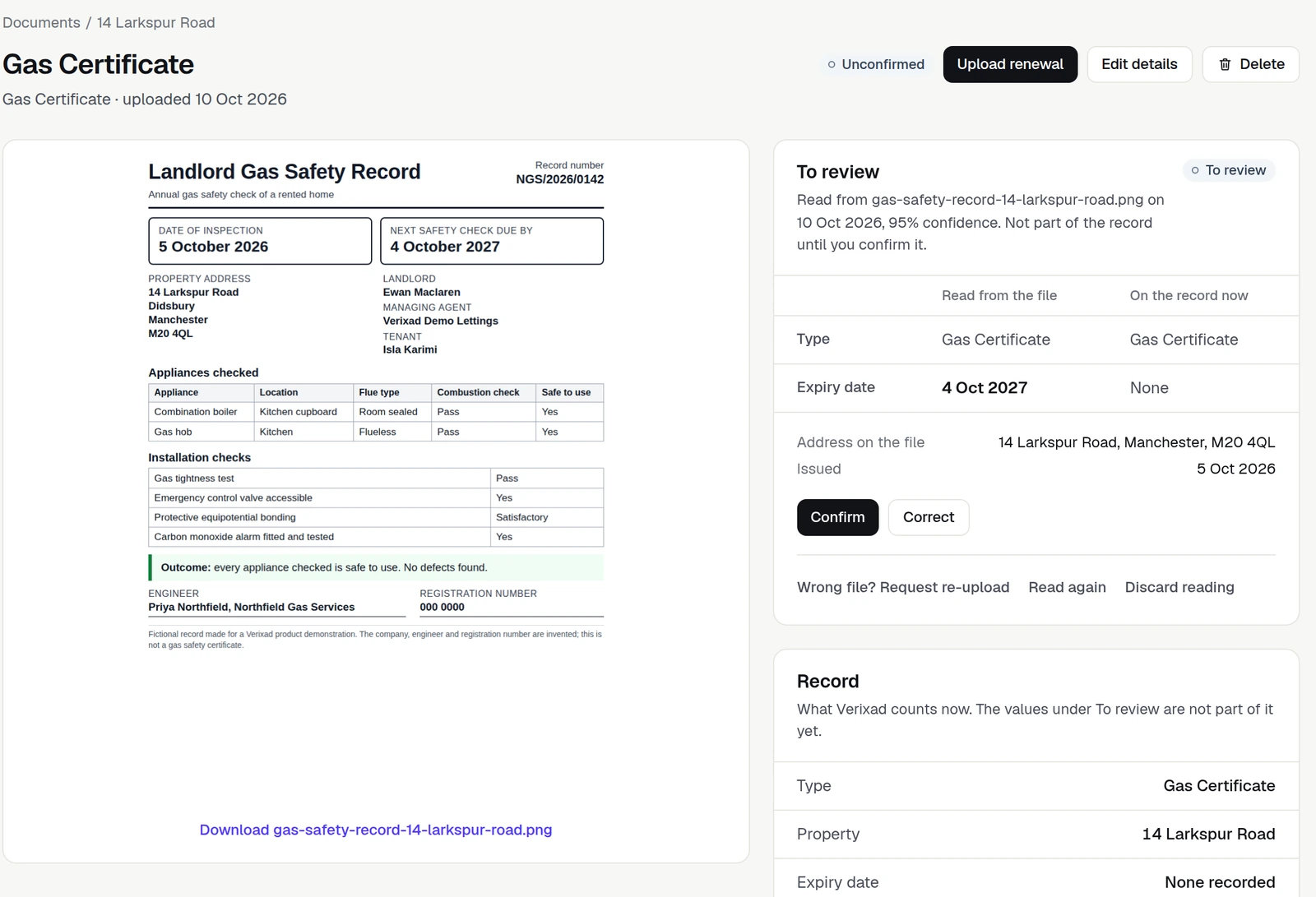 A gas safety record for 14 Larkspur Road beside the values Verixad read from it, an expiry date of 4 October 2027, issued 5 October 2026, and the address, waiting for a person to confirm them