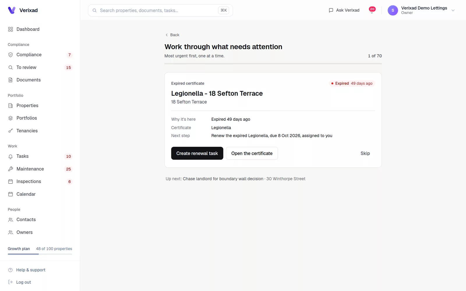 The Verixad work queue: an expired certificate, why it is listed, the next step and a button to create a renewal task