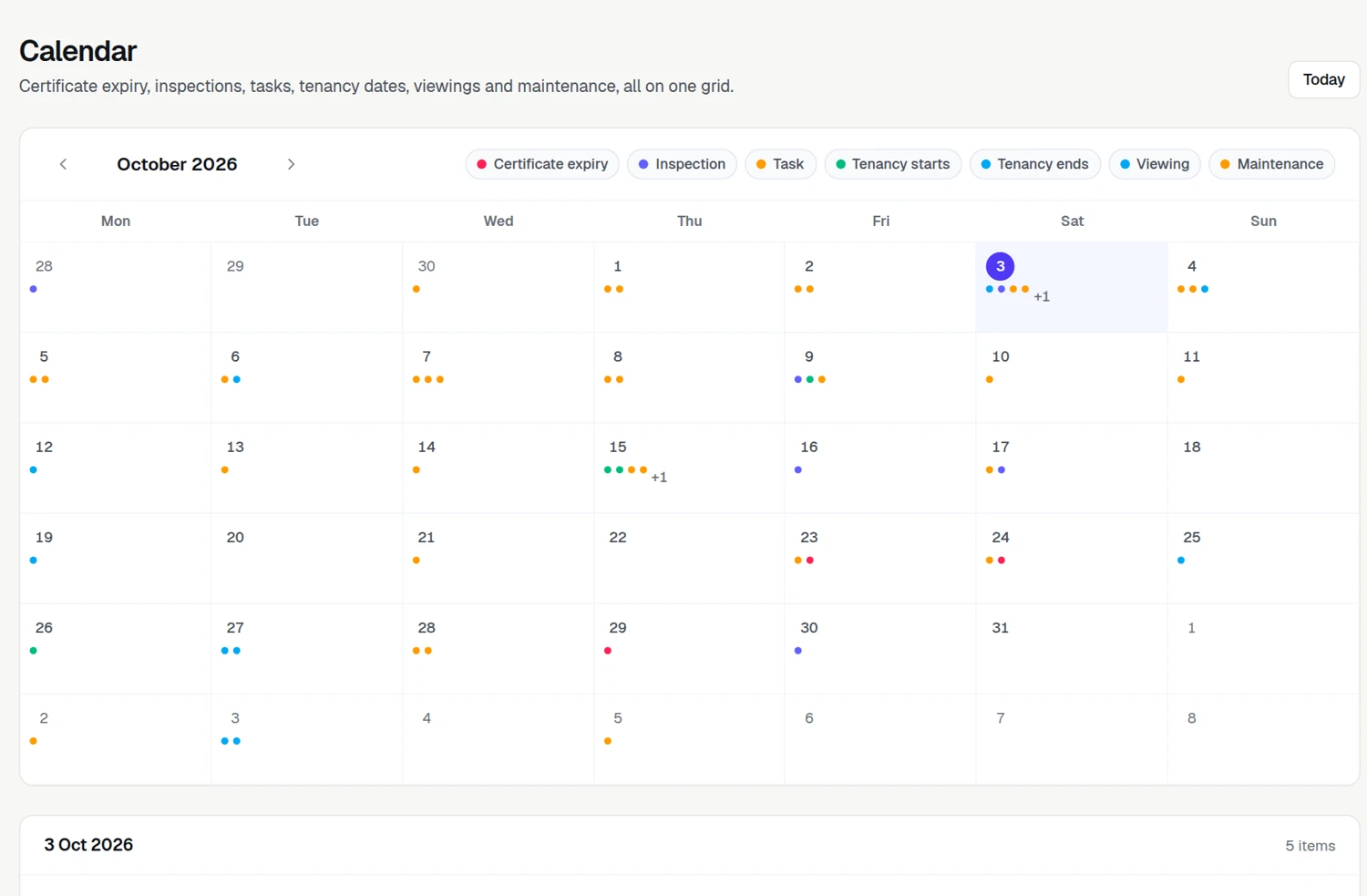 The Verixad calendar for October 2026, with coloured dots for certificate expiries, inspections, tasks, tenancy dates, viewings and maintenance on each day