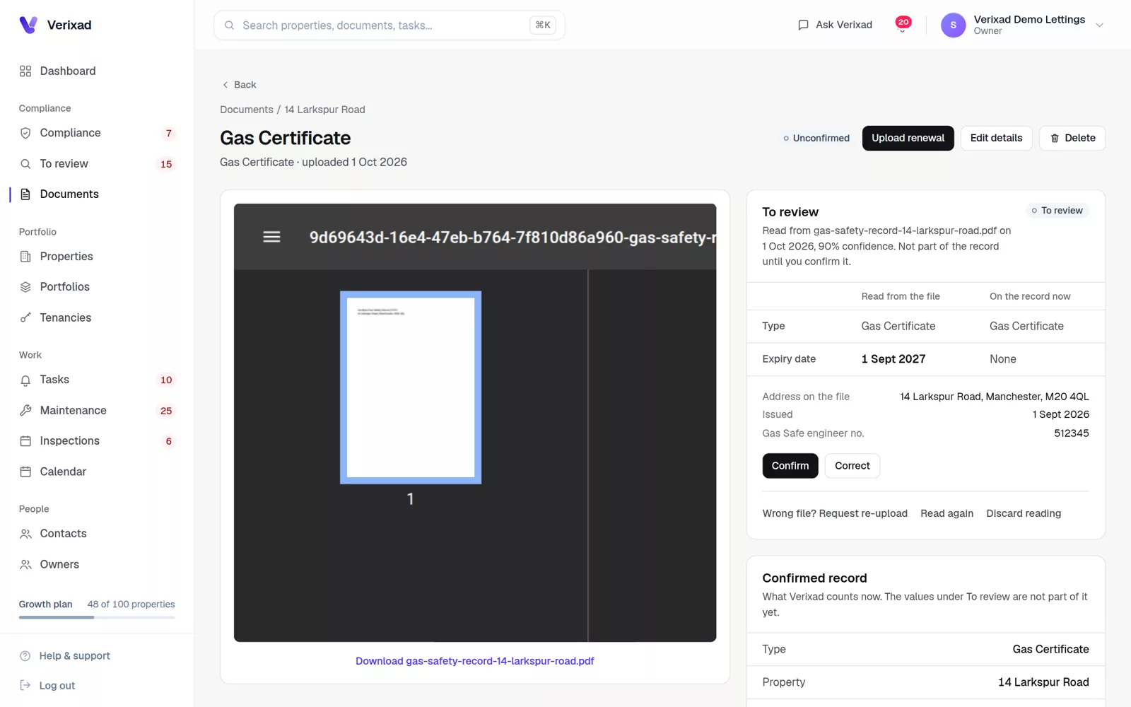A gas certificate in Verixad with the values read from the file waiting for a person to confirm them